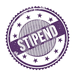 STIPEND text written on purple indigo grungy round stamp