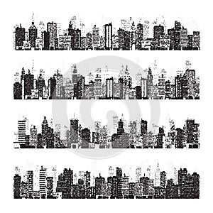 Stippled city silhouettes. Cityscape, town skyline. Midtown, downtown with buildings, houses and skyscrapers. Stippling