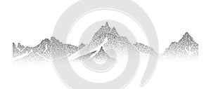 Stippled grain mountain range illustration. Dotted landscape terrain silhouette. Black and white grainy hill chain