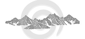 Stippled grunge mountain range illustration. Dotted landscape terrain silhouette. Black and white grainy hill chain