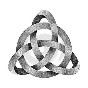 Stippled knot Triquetra with circle made of mobius strip. Vector textured illustration