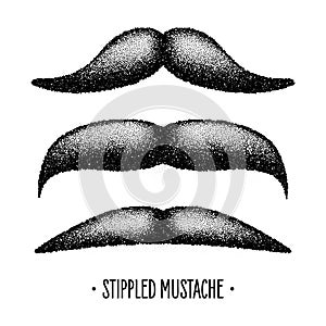 Stippled vintage mustache. Curly facial hair. Hipster beard. Stippling, dot drawing and shading, stipple pattern