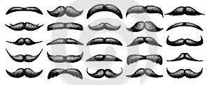 Stippled vintage mustache. Curly facial hair. Hipster beard. Stippling, dot drawing and shading, stipple pattern