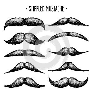 Stippled vintage mustache. Curly facial hair. Hipster beard. Stippling, dot drawing and shading, stipple pattern