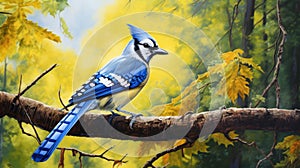 Stippling Painting: A Unique Blue Jay With Iridescent Diamond-like Feathers