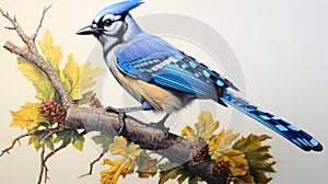Stippling Painting: A Unique Blue Jay With Iridescent Diamond-like Features
