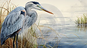 Stippling Painting: A Unique Great Blue Heron With Iridescent Yellow Shine