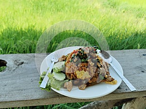 stir fried basil pork with rice at farm