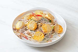 stir-fried bean sprout, egg tofu and minced pork