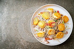 stir-fried bean sprout, egg tofu and minced pork