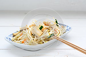 Stir Fried Bean Sprouts with tofu and scallion. Asian vegetable stir fry