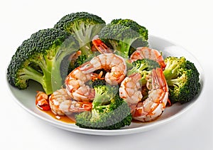 Stir-fried broccoli with shrimp,cut out on white background
