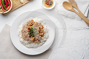 Stir Fried Canned Tuna with Thai Basil and Cook Jasmine Rice in white plate.asian food.