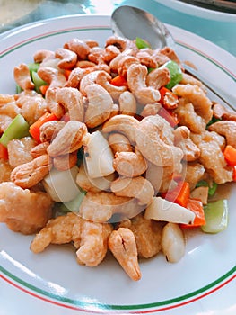 Stir fried chicken with cashew nuts.