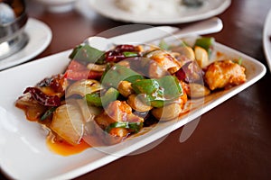 Stir fried chicken with cashew nuts, a famous thai food.