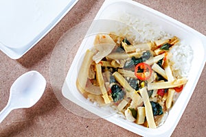Stir-fried chicken with chili paste and bamboo shoots in food co