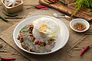 Stir-fried Chicken Giblets(livers, heart and gizzards) with Chillies and basil