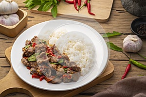 Stir-fried Chicken Giblets(livers, heart and gizzards) with Chillies and basil