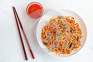 Stir-Fried Chow Mein with Vegetables with Sauce Top Down Food Photo