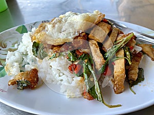 Stir fried crispy pork basil with fried egg