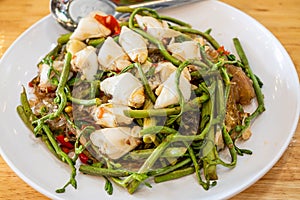 Stir fried glass noodles with carb meat and water mimosa