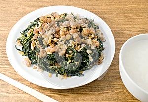 Stir Fried Jute Leaves with Rice Gruel