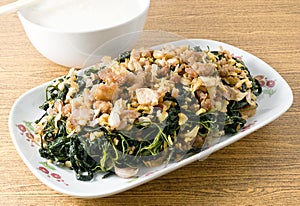 Stir Fried Jute Leaves with Soft Boiled Rice