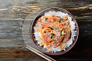 Korean food,Stir fried kimchi with pork on cooked rice