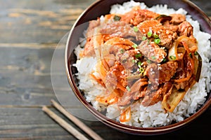 Korean food, Stir fried kimchi with pork on cooked rice