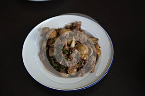 Stir-fried minced pork, mushroom , soy sauce, fish sauce