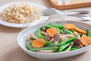 Stir fried mixed vegetables and brown rice, Vegetarian food