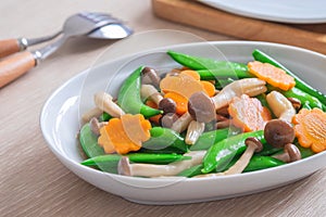 Stir fried mixed vegetables on plate, Vegetarian food