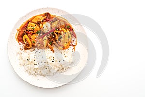 stir-fried octopus or squid and Korean spicy paste (osam bulgogi) with rice