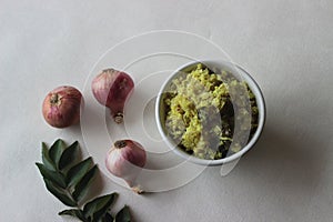 Stir fried onions with grated coconut, green chillies and curry leaves. A tasty side dish for Kerala meals