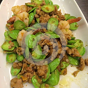 Stir fried pakria with shrimp and pork