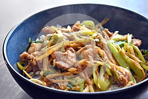 Stir fried pork with ginger, garlic, onion and chillies in a bowl with boiled rice.