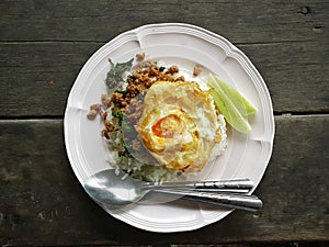 Stir Fried Pork With Holy Basil and fried egg