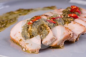 Stir fried rosemary chicken breast with spicy chimichurri sauce
