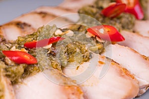 Stir fried rosemary chicken breast with spicy chimichurri sauce