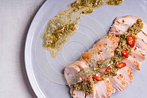 Stir fried rosemary chicken breast with spicy chimichurri sauce