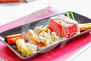 Stir fried shrimp with pink rice