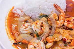Stir fried shrimp in thai red curry paste with rice and fried
