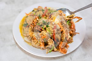 Stir Fried soft shell crab yellow curry powder ingredients it is the favorite delicious Thai, Chinese seafood of Thailand