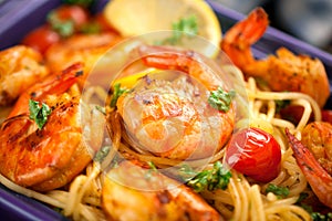 Stir-fried spaghetti with grilled shrimps and tomatoes - Italian fusion food style.