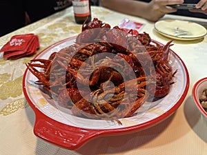 Stir fried spicy crayfish in Chinese restaurant. Chinese food style.