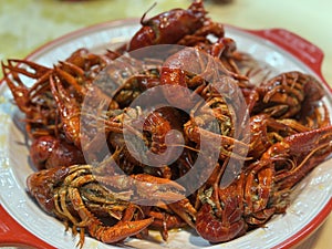 Stir fried spicy crayfish in Chinese restaurant. Chinese food style.