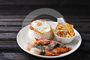 Stir fried Spicy Prawn , Thai Holy Basil With  Steamed Rice And Fried egg