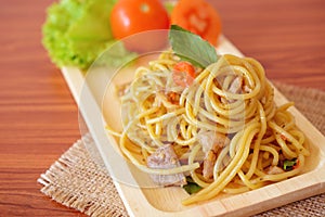 Stir-fried spicy spaghetti with chicken. Thai style