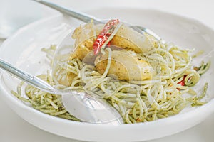 Stir Fried Spicy Spaghetti with scallop tempura