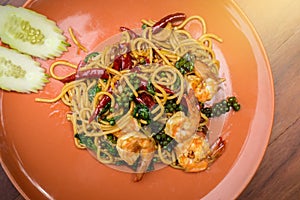 Stir-fried Spicy Spaghetti Seafood Thai food Style Spaghetti Pa